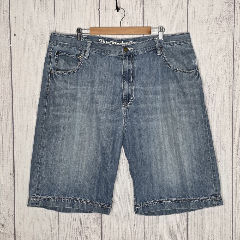 Live Mechanics Baggy Jean Shorts Jorts 42 Y2K Skater 90s Denim Embroidered
